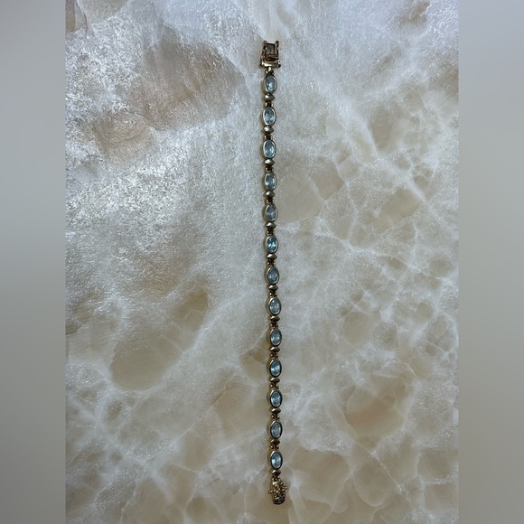 Oval cut Aquamarine Gold tone 925 tennis Bracelet 8” - Picture 6 of 7